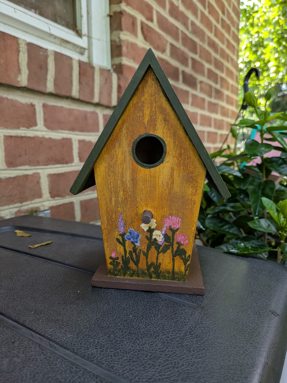 Hand-Painted Yellow Wooden Birdhouse with Floral Design
